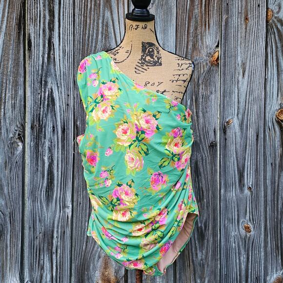 Plus Size JCrew One Shoulder Swimsuit Plus Size 22 Green Pink Floral Print NWT - Picture 1 of 10